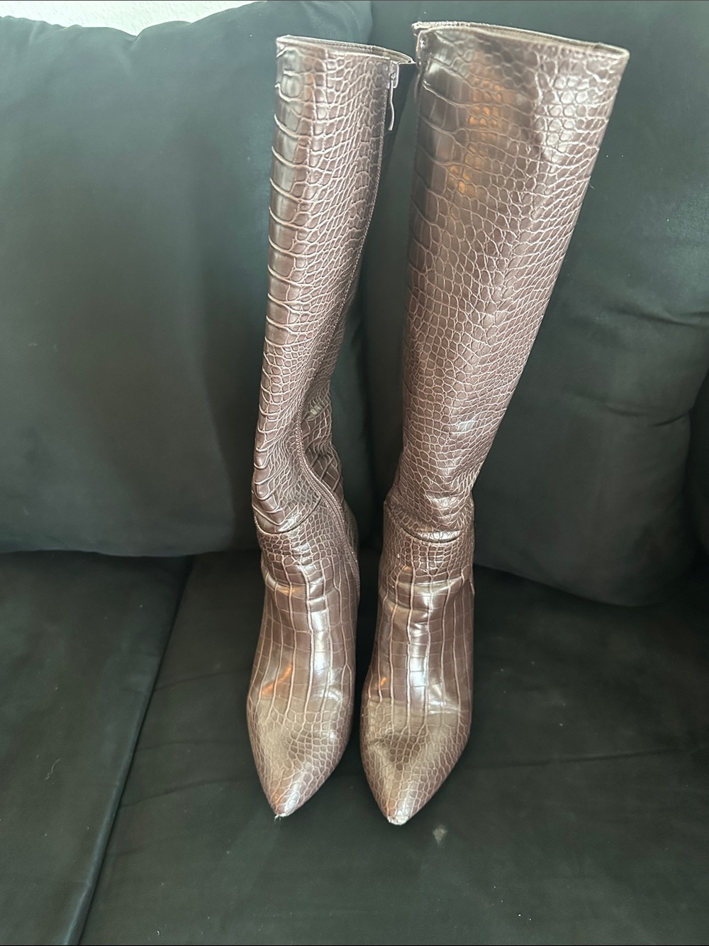 TOP Moda Croc-Embossed Over-the-Knee Pointed Toe Boots - Brown